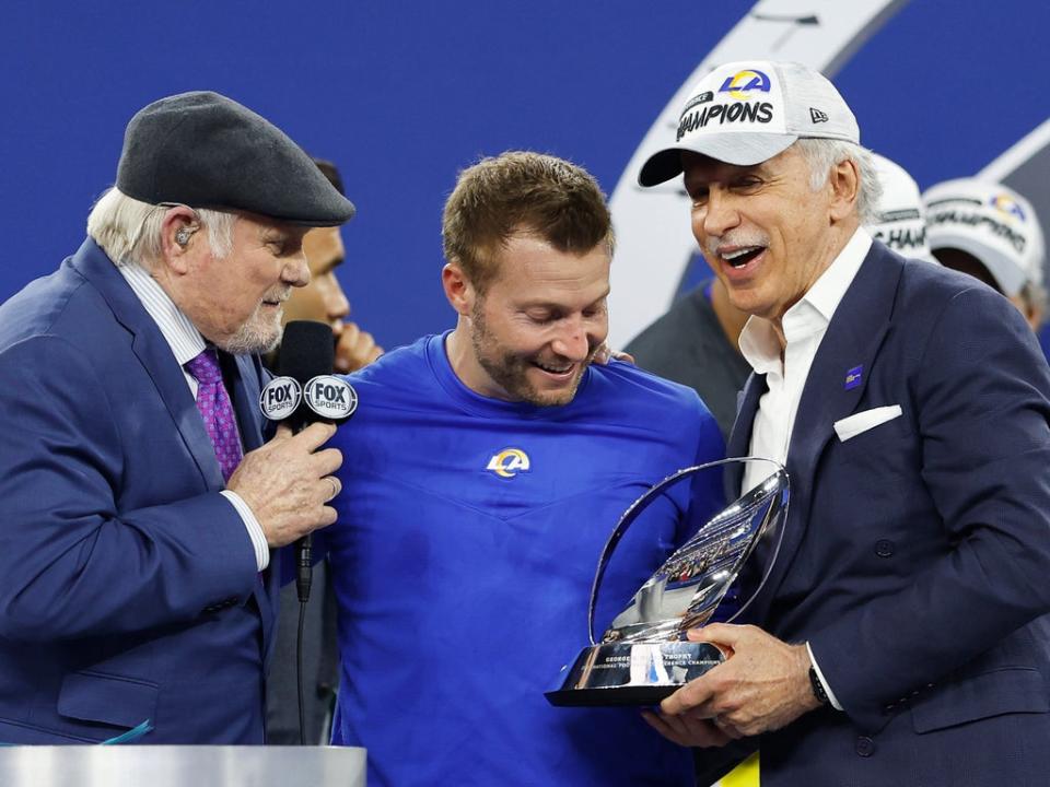 LA Rams owner Stan Kroenke (right) celebrates winning the NFC Championship game (Getty)