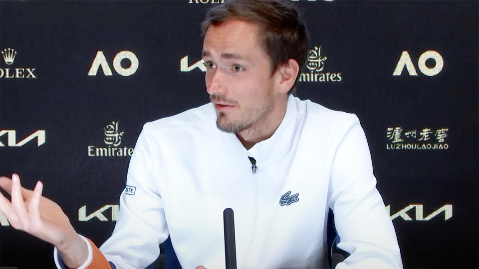 Daniil Medvedev, pictured here taking aim at Australian Open organisers in his post-match press conference. 