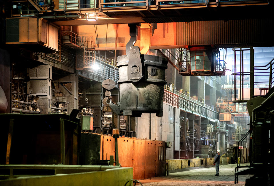 02 March 2020, Lower Saxony, Salzgitter: A crane lifts a pig iron ladle in the steelworks of Salzgitter AG. Salzgitter AG intends to present its Annual Report for the year 2019 at its annual financial statements press conference on March 16, 2020. Photo: Hauke-Christian Dittrich/dpa (Photo by Hauke-Christian Dittrich/picture alliance via Getty Images)