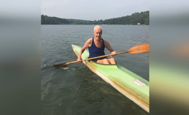 Alan McCleery, 92, is seen here paddling in an old training kayak for the first time since fracturing his hip early in 2020. The former Olympian overcame both the injury and mobility issues and returned this week to his favourite sport. (Submitted by Gail Gilbert - image credit)