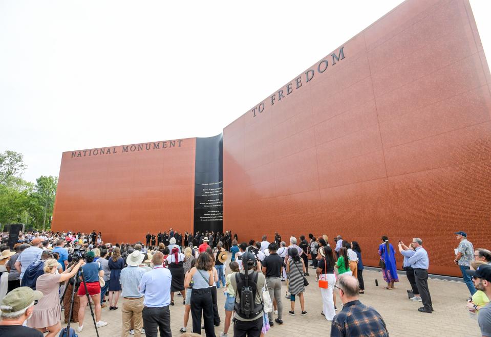 The Equal Justice Initiative dedicates its National Monument to Freedom in the Freedom Monument Sculpture Park in Montgomery, Ala., during a Juneteenth Celebration on Wednesday June 19, 2024. The monument lists the surnames of formerly enslaved people.