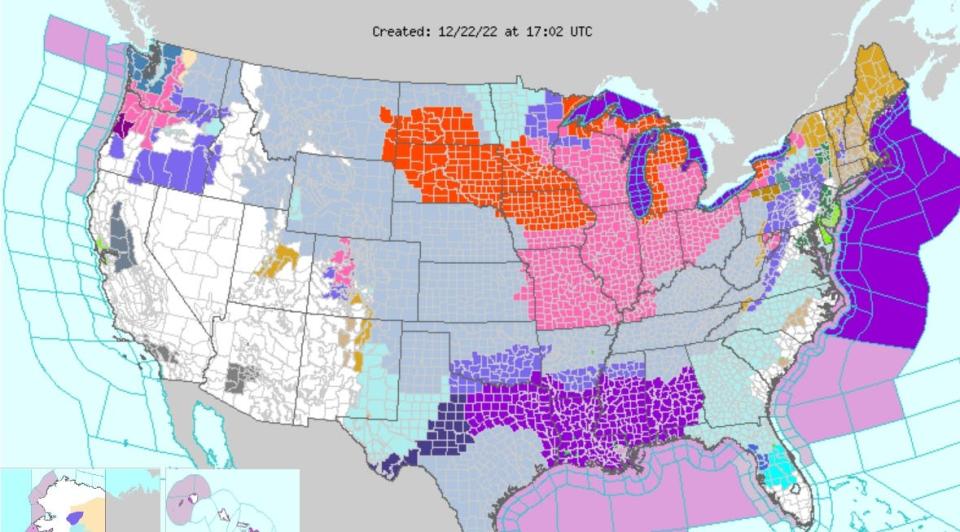 A map of South Dakota shows where blizzard warnings are in effect through Friday, Dec. 23, 2022. Almost all of the state is considered in the warning, except for the southwest corner of the state.