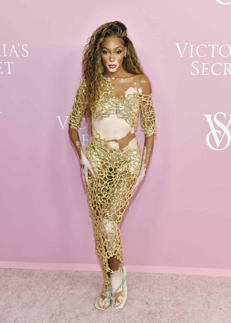 File - Winnie Harlow attends the Victoria's Secret "The Tour '23" event on Wednesday, Sept. 6, 2023 in New York. Harlow wears a crocheted look by Melissa Valdes Duque, a 24-year-old designer from Bogota, Columbia. (Photo by Evan Agostini/Invision/AP, File)