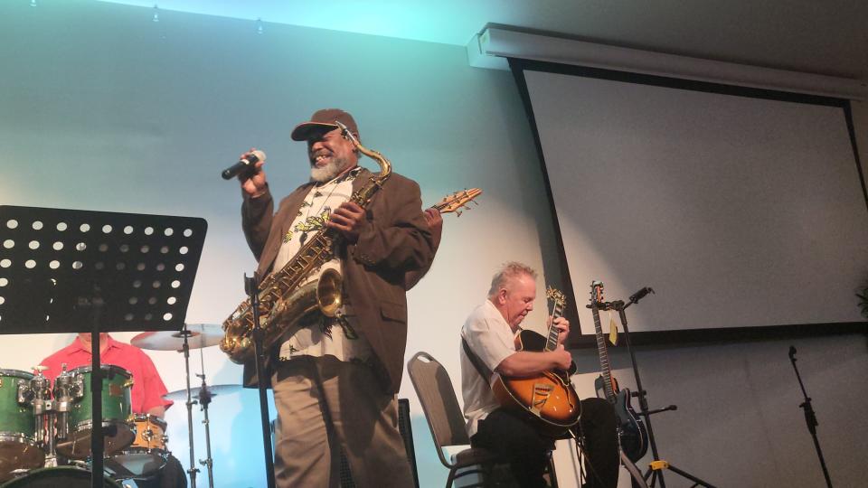 Performing at Sunday's party are Charles "Chuckie See" Elam, 65, of New Orleans, saxophone and vocals; and Frank Ball, 72, of Houma, guitar.