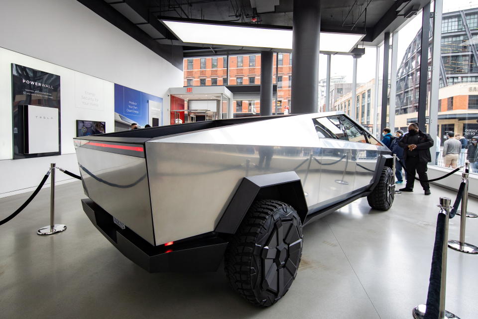 Tesla's Cybertruck is displayed at Manhattan's Meatpacking District in New York City, U.S., May 8, 2021.