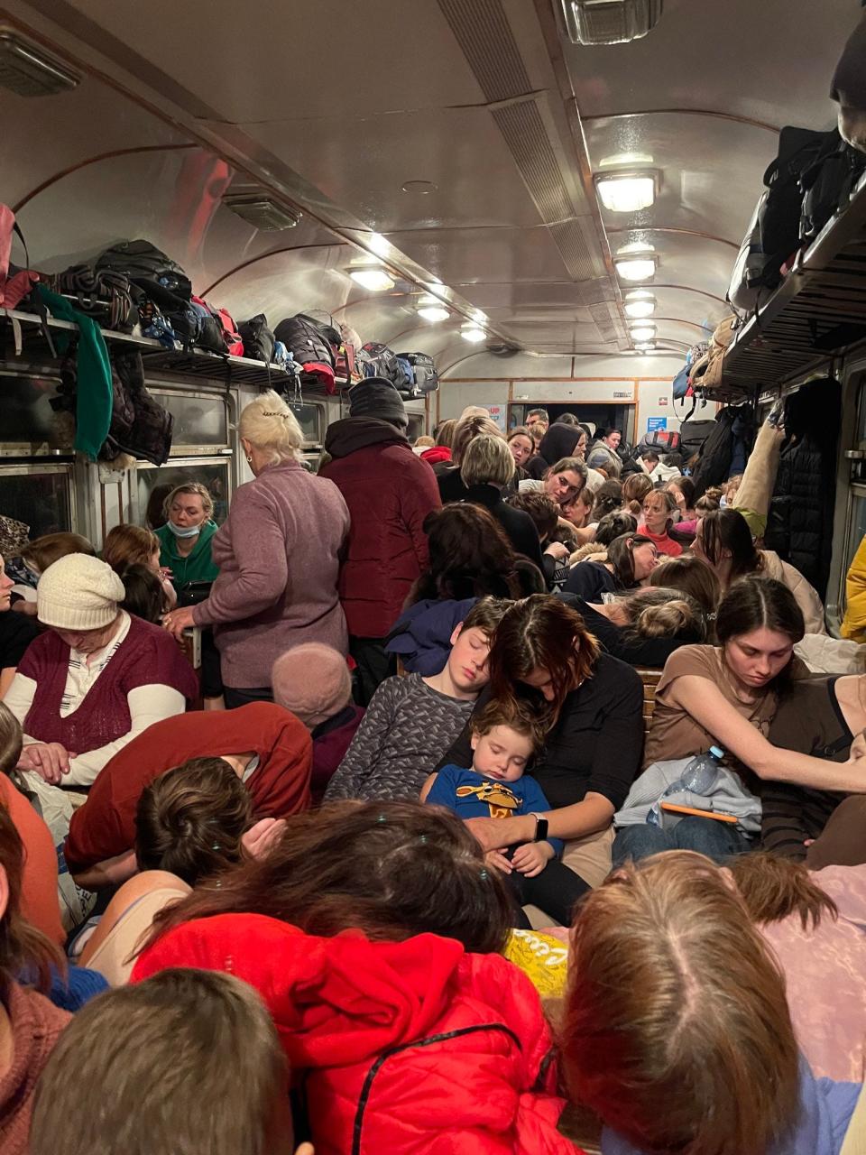 A scene from aboard a train transporting Ukranian refugees from Lviv to Krakow. The journey took 28 hours, said Sofia Kedruk, who arrived in Krakow Monday and took these images while on the train.