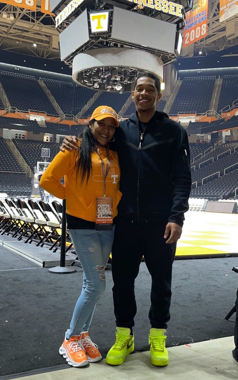 Tennessee basketball guard Zakai Zeigler and his mom, Charmane Zeigler, at Thompson-Boling Arena.