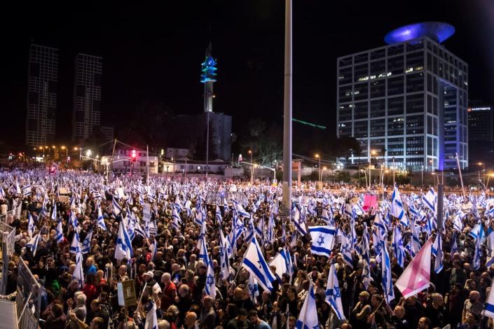 <div class="inline-image__caption"><p>Tens of thousands of Israelis attend a massive protest against the government's judicial overhaul plan on March 11, 2023 in Tel Aviv, Israel. The Netanyahu government is pushing ahead with proposed overhaul of the judiciary that would limit the Israeli Supreme Court's ability to review and strike down laws that it deems unconstitutional. Critics say the changes will undermine judicial independence and threaten Israel's democracy. </p></div> <div class="inline-image__credit">Amir Levy/Getty Images</div>