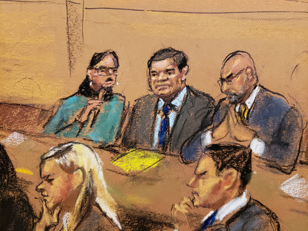 Accused Mexican drug lord Joaquin "El Chapo" Guzman (C) sits in court in this courtroom sketch during Guzman's trial in Brooklyn federal court in New York City, U.S., January 30, 2019. REUTERS/Jane Rosenberg