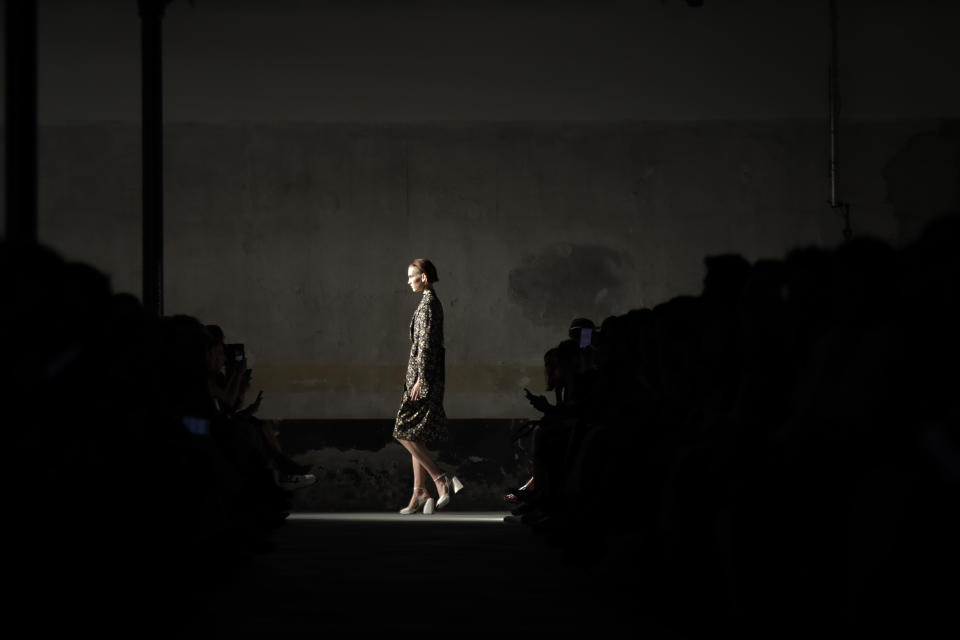 A model wears a creation as part of the N. 21 Spring-Summer 2020 collection, unveiled during the fashion week, in Milan, Italy, Wednesday, Sept. 18, 2019. (AP Photo/Luca Bruno)