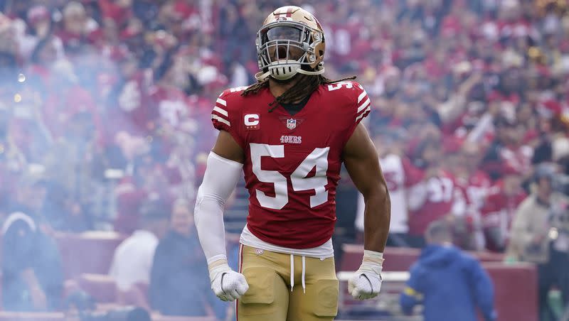 San Francisco 49ers linebacker Fred Warner is introduced before a game against Arizona in Santa Clara, Calif., Sunday, Jan. 8, 2023. The former BYU standout is considered among the best at his position in the NFL.