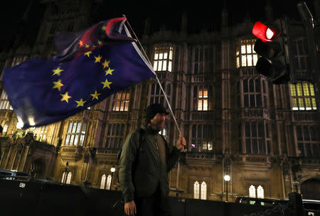 An anti-Brexit supporter outside the Houses of Parliament, in Westminster, London, Britain, March 12, 2019. REUTERS/Kevin Coombs