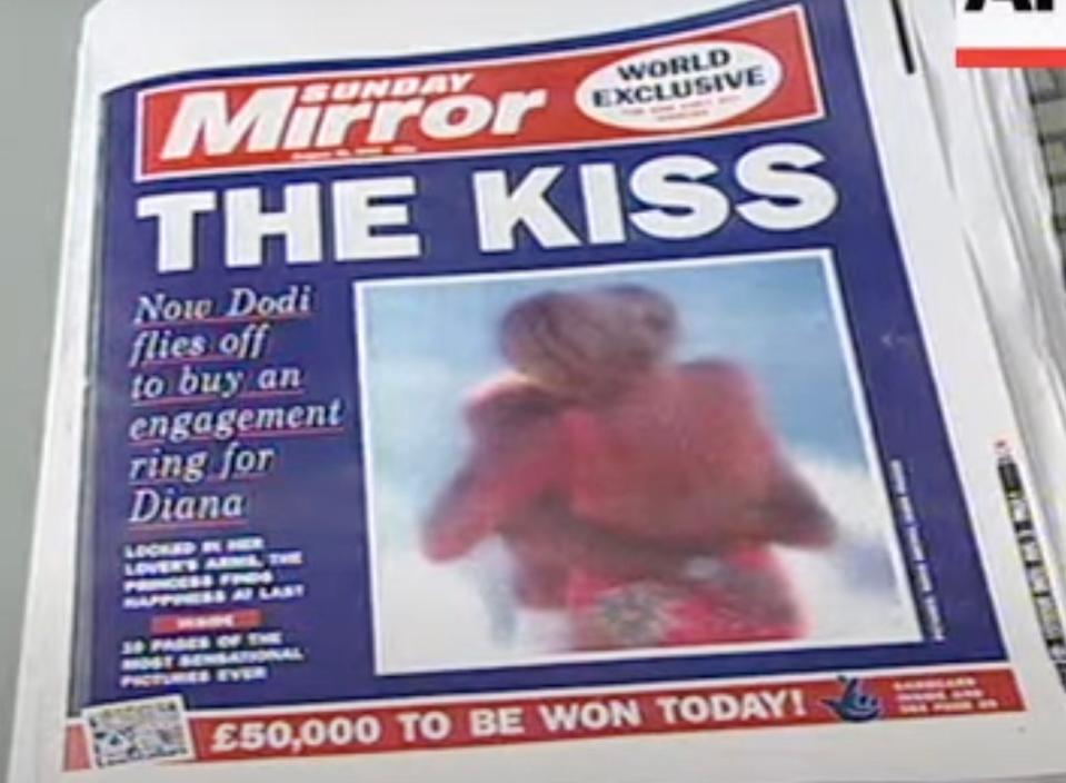 The Sunday Mirror front page shows Diana and Dodi kiss.