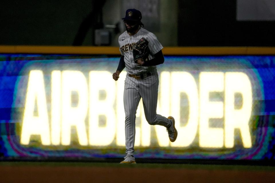 Milwaukee Brewers relief pitcher Devin Williams comes in to pitch during the ninth inning of a baseball game against the San Diego Padres Saturday, Aug. 26, 2023, in Milwaukee. (AP Photo/Morry Gash)