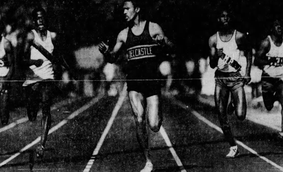 Reggie Bright of Delcastle wins his qualifying heat of the 100 meters at the 1983 New Castle County championships.