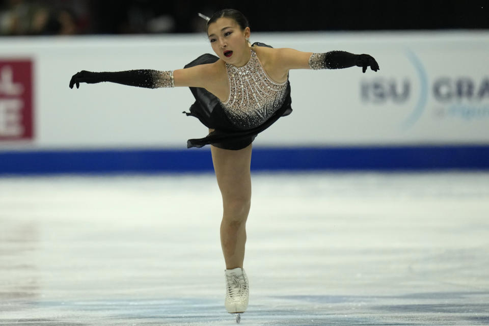 Japan's Kaori Sakamoto performs her Free Skating routine on her way to the gold medal in the Women's Final for the ISU Grand Prix of Figure Skating Final held in Beijing, Saturday, Dec. 9, 2023. (AP Photo/Ng Han Guan)