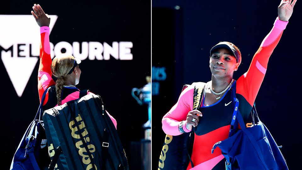 Seen here, Serena Williams waves goodbye to fans at Melbourne Park.