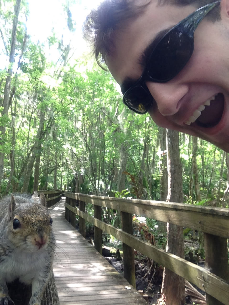 In this photo made Saturday April, 26, 2014, and provided by Brian Genest, a squirrel approaches Brian Genest as he takes a photo of himself at John Chestnut Park near Tampa, Fla. Genest, 17, of Auburn, Maine, said Thursday, May 1, 2014, he saw what appeared to be a friendly squirrel on a hand rail while walking through a park. Genest took a selfie of himself and the squirrel. But the flash and noises from his camera phone scared the squirrel, which climbed under his shirt and hung onto his back before scampering back out. "He was just in that spot where my arm can't reach him," Genest said. "I threw myself on the ground, and that scared him off." (AP Photo/Brian Genest)