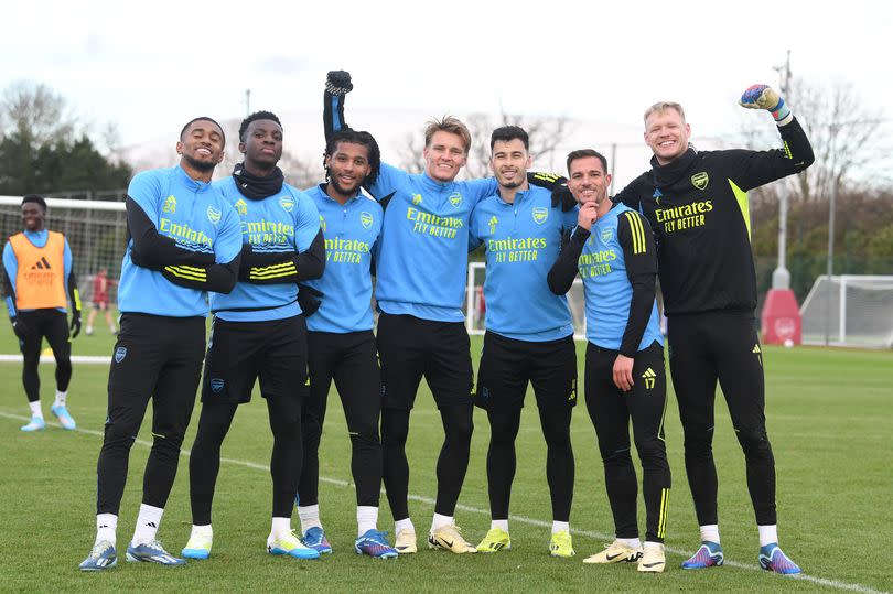 ST ALBANS, ENGLAND - FEBRUARY 02: (L-R) Reiss Nelson, Eddie Nketiah, Mauro Banderia, Martin Odegaard, Gabriel Martinelli, Cedric and Aaron Ramsdaleof Arsenal during a training session at the Sobha Realty Training Centre at London Colney on February 02, 2024 in St Albans, England. (Photo by Stuart MacFarlane/Arsenal FC via Getty Images)