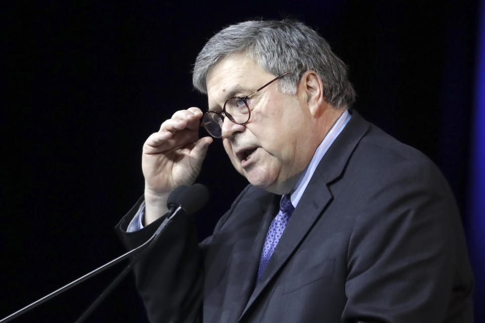 Attorney General William Barr speaks at the National Religious Broadcasters Convention Wednesday, Feb. 26, 2020, in Nashville, Tenn. (AP Photo/Mark Humphrey)