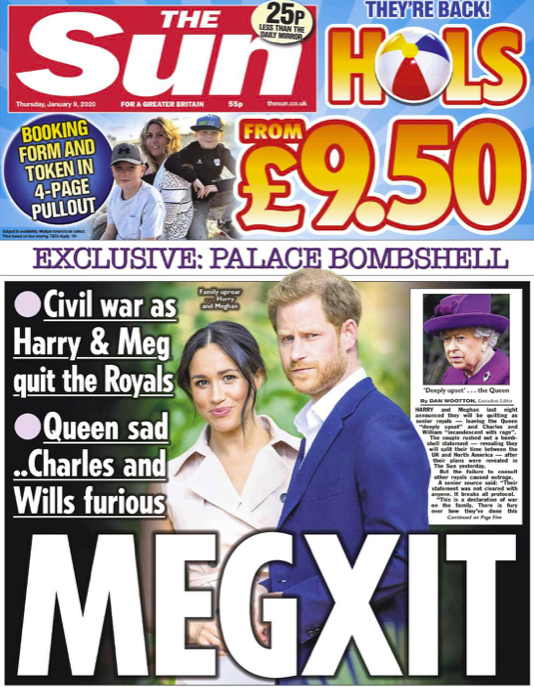 „The Sun” bezeichnet die Entscheidung des Paares als „Megxit” und behauptet, sie habe einen „Bürgerkrieg“ innerhalb der Königsfamilie ausgelöst. Das Blatt zitiert Quellen, die behaupten, Harrys Vater und Bruder seien „stinksauer“.