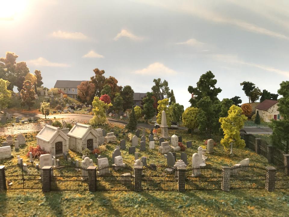 The crew also crafted miniatures that weren't dictated by the script, like this cemetary that appears near the end of the film. "We were reorganizing and rethinking what miniatures we wanted to use as we were shooting in principal photography," Healy recalls. "The cemetery was a miniature we added that wasn’t in the script originally. We wanted to do Columbus Circle at one point, but we never built it." 