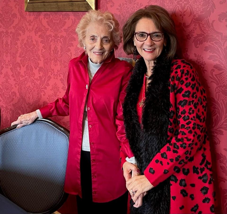 Bea McPherson, 101, left, provided 15 vintage outfits for today's Pro Football Hall of Fame Fashion Show Luncheon in Canton. Her daughter, Cheryl Loden, will model one of the outfits.