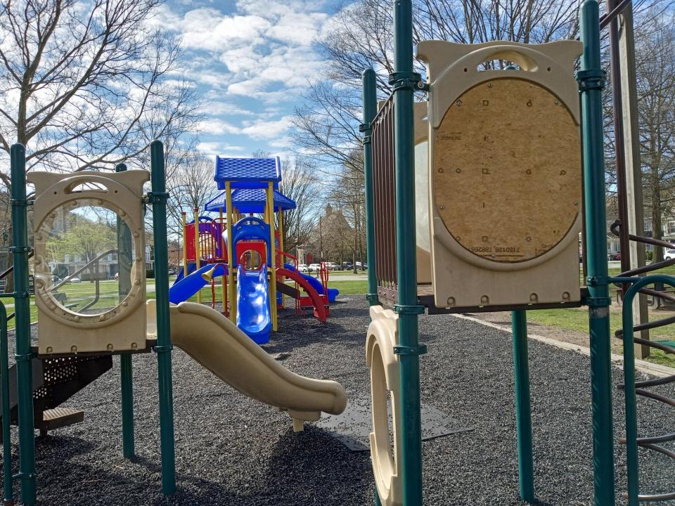 Honesdale playground equipment, installed in Central Park in 2000, is seen in front, and the 2016 playground set in the background, in this photo taken April 25, 2024.
