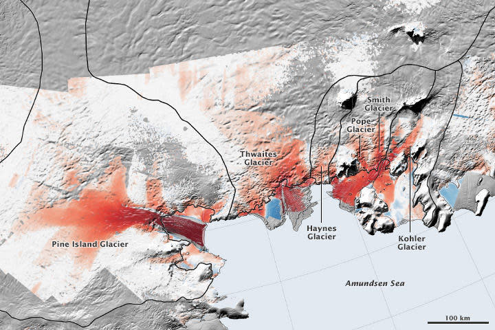 In West Antarctica, the Pine Island Glacier and Thwaites Glacier are becoming more unstable, shedding more ice to the sea, indicated in red. / Credit: NASA