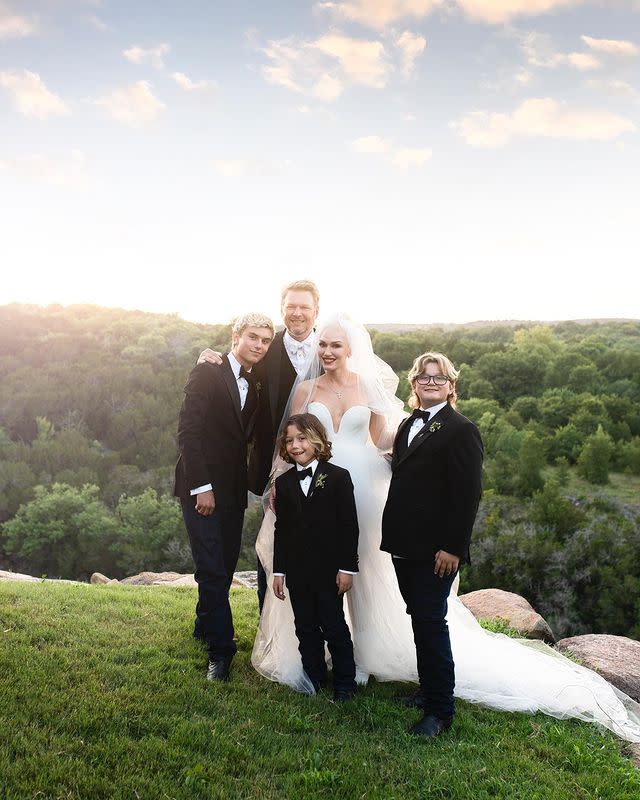 <p>The bride wore a sweetheart Vera Wang gown with a fitted bodice and a floor-length tulle skirt for her Oklahoma wedding to Shelton. She also had a chapel-length veil which was embroidered with her first name, in addition to her husband’s and her three sons': Kingston James McGregor, 15, Zuma Nesta Rock, 12, and Apollo Bowie Flynn, seven. </p><p><a href="https://www.instagram.com/p/CRB2gXGj-GD/" rel="nofollow noopener" target="_blank" data-ylk="slk:See the original post on Instagram;elm:context_link;itc:0;sec:content-canvas" class="link ">See the original post on Instagram</a></p>