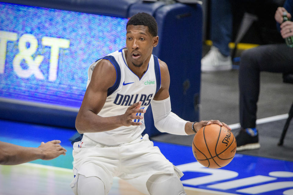 Dec 17, 2020; Dallas, Texas, USA; Dallas Mavericks guard Josh Richardson (0) brings the ball up court against the Minnesota Timberwolves during the first quarter at the American Airlines Center. 