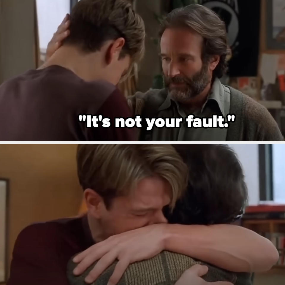 man telling someone younger that it's not their fault and then hugging