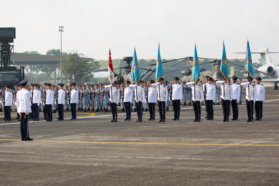 <p>Troops from the RSAF’s commands participating in a parade preview on 28 August. (PHOTO: Dhany Osman / Yahoo News Singapore) </p>