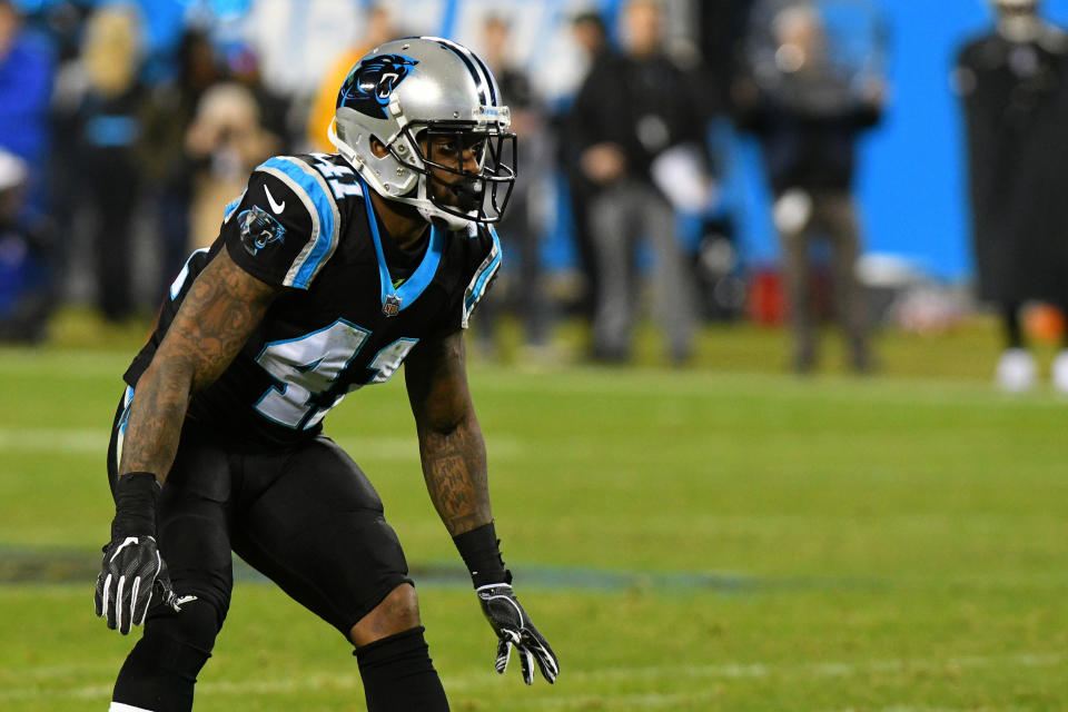 CHARLOTTE, NC - DECEMBER 17: Carolina Panthers defensive back Captain Munnerlyn (41) in the Monday night football game between the New Orleans Saints and the Carolina Panthers on December 16,2018 at Bank of America Stadium in Charlotte,NC. (Photo by Dannie Walls/Icon Sportswire via Getty Images)