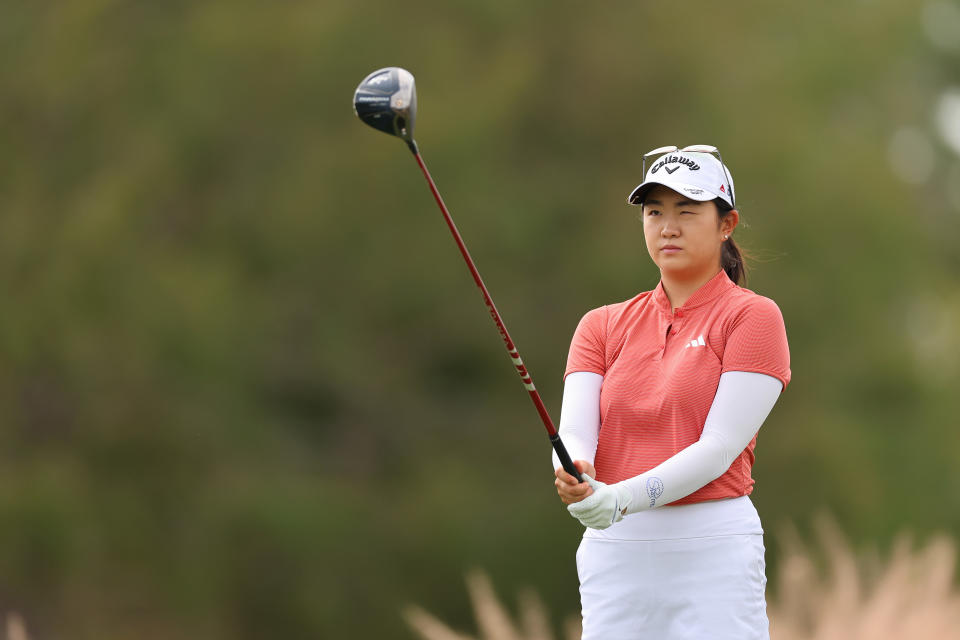 Rose Zhang of the United States prepares to play her shot from the second tee during the first round of the CME Group Tour Championship at Tiburon Golf Club on November 16, 2023 in Naples, Florida. (Photo by Michael Reaves/Getty Images)