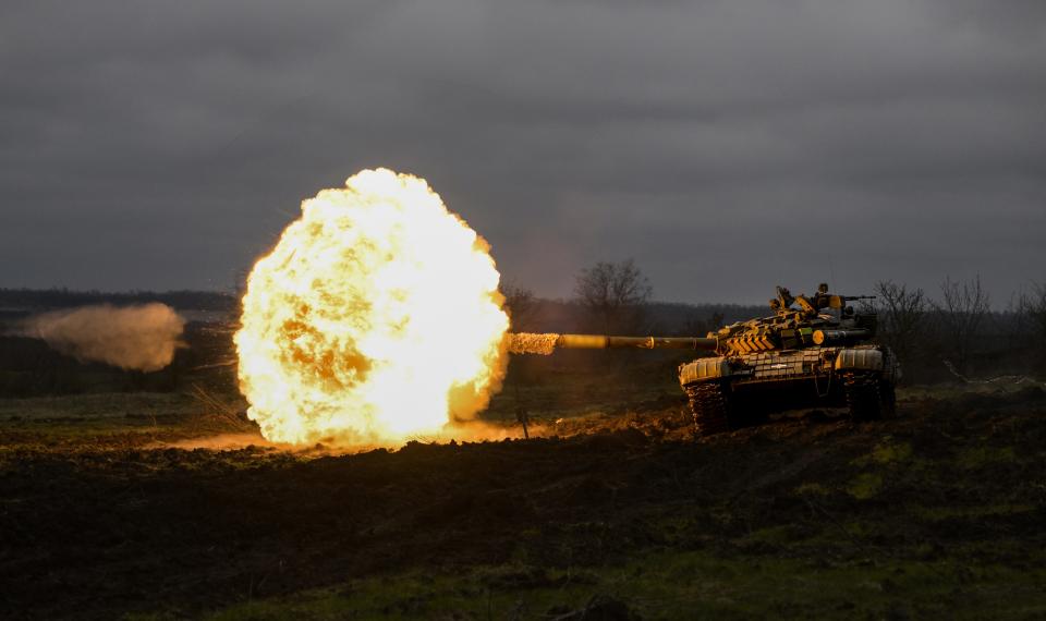 A Ukrainian tank firing during practice on the frontline of Donetsk Oblast, Ukraine in late March 2023.