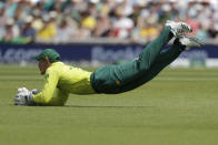 South Africa's Quinton de Koc catches out Bangladesh's Soumya Sarkar during the Cricket World Cup match between South Africa and Bangladesh at the Oval in London, Sunday, June 2, 2019. (AP Photo/Matt Dunham)