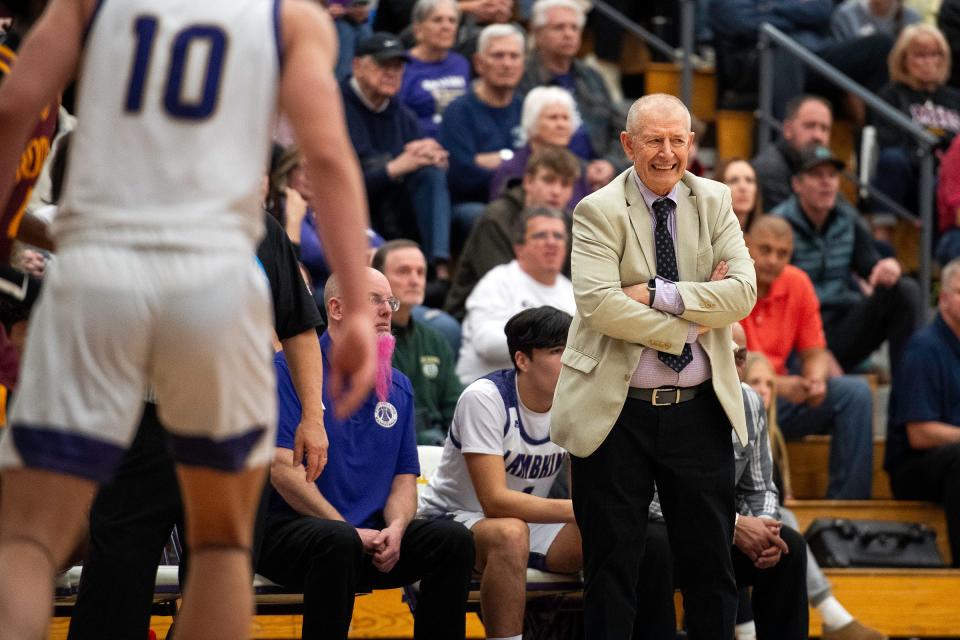 Fort Collins High School's head coach Bruce Dick reacts to a play during a game against Rocky Mountain High School on Feb. 15.