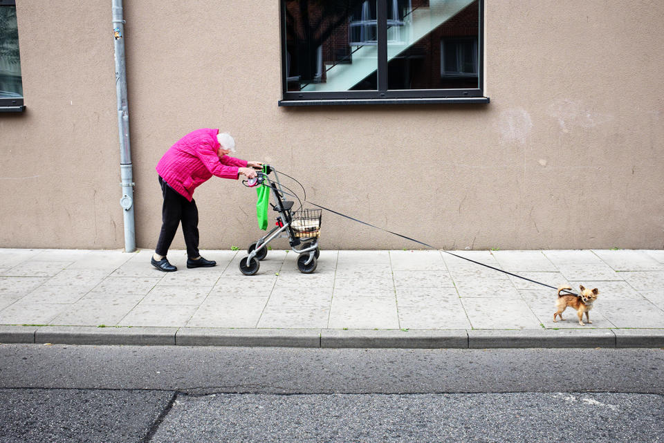 <p>Hamburg, Germany. Spring of 2017. The most graceful lady of her neighborhood, despite the burden of old age. Always stylish, colorful, in good spirits, smiling, never complaining, even though the everyday is a struggle and a challenge for her. And never to be seen without her best friend – her little dog. (Manuel Armenis, Germany, Winner, Open Street Photography and Winner, Germany National Award, 2018 Sony World Photography Awards) </p>
