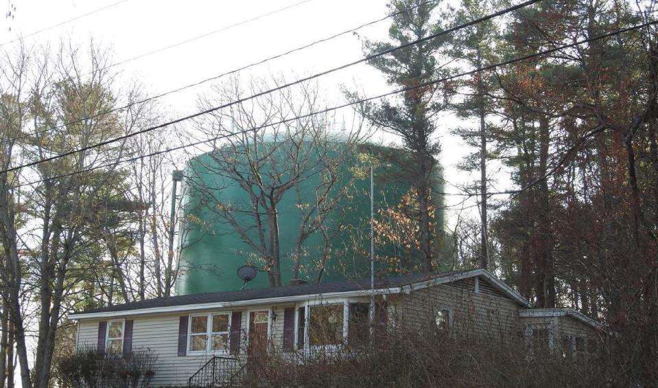 The 71-foot Roots Rock Road water tank is clearly visible from Huckins Avenue in York, Maine, as pictured here in November 2019. A proposal would add more cellular antennas atop the tank.