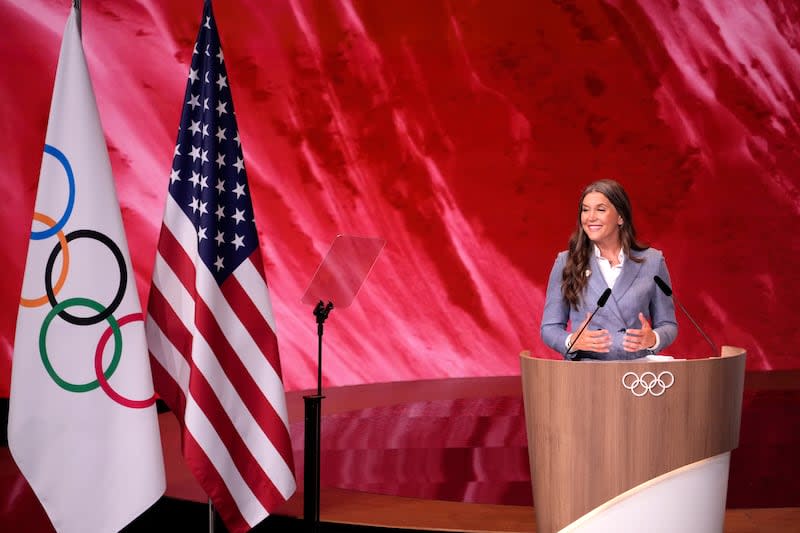 Salt Lake City Mayor Erin Mendenhall speaks about Salt Lake City's bid to host the 2034 Winter Olympics, during the 142nd IOC session at the 2024 Summer Olympics, Wednesday, July 24, 2024, in Paris, France. | David Goldman