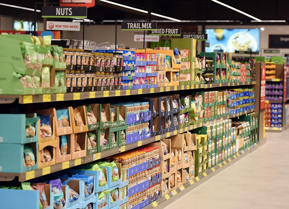 Product displays at the new Aldi in Rehoboth Beach off Coastal Highway. Among its cost-saving measures, Aldi leaves their products in its packaging.