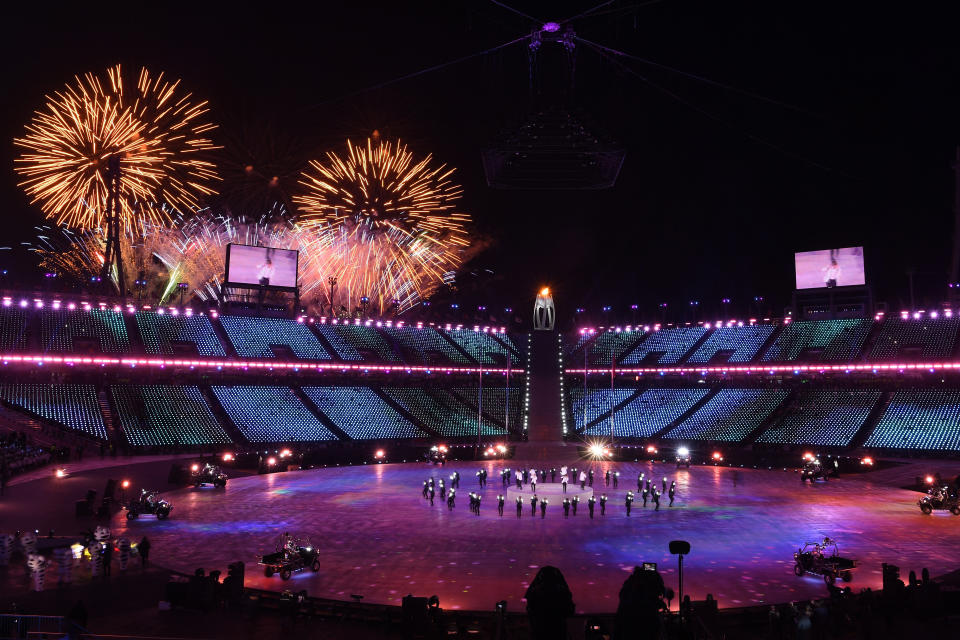 Fireworks explode near the conclusion of the closing ceremony.