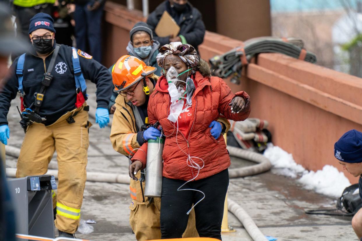 Thirty people, including several children, were critically injured, with firefighters making dramatic rescues using tower ladders and ladders, after a fire broke out inside a third-floor duplex apartment at 333 East 181st St. in the Bronx on Sunday, Jan. 9, 2022.