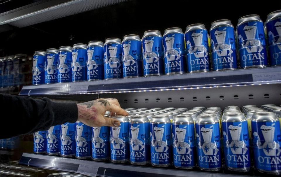 Nato-branded OTAN beer cans produced by the Olaf Brewing Company are pictured in Savonlinna, eastern Finland, on May 17, 2022