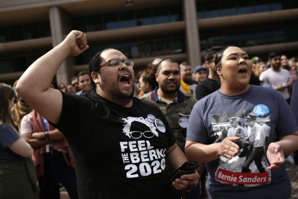 Supporters of Democratic U.S. presidential candidates Senator Bernie Sanders cheer for Sanders outside his campaign rally in El Paso, Texas, U.S., February 22, 2020. (Jose Luis Gonzalez/Reuters)