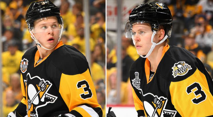 Olli Maatta during Game 1 against the Blue Jackets (Joe Sargent/Getty) vs. Olli Maatta during Game 1 of the Stanley Cup Final (Joe Sargent/Getty).