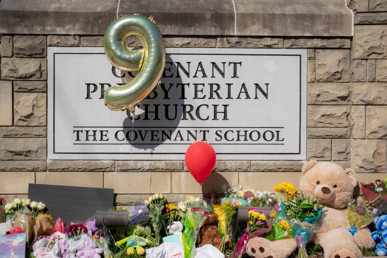 A makeshift memorial for the victims of the Covenant School shooting, outside the Covenant Presbyterian Church in Nashville, Tenn., on March 29, 2023. (Desiree Rios/The New York Times)