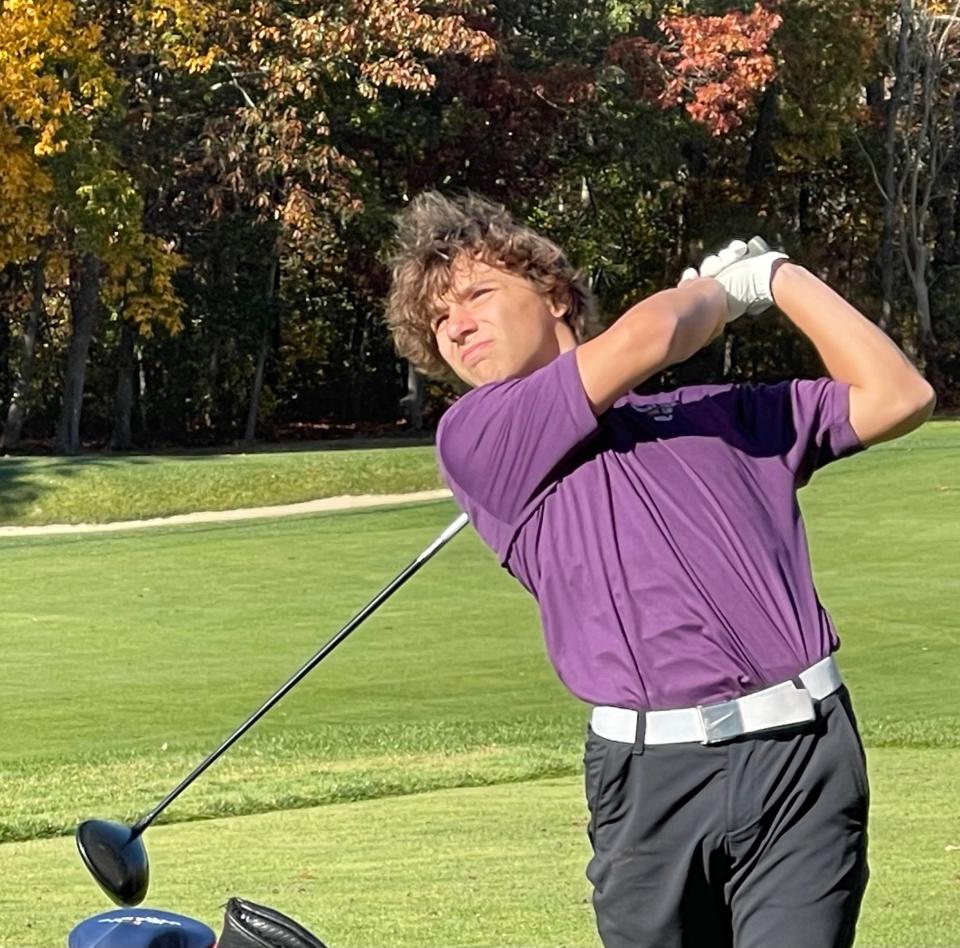 Blackstone Valley Tech's Charlie Leighton tees off on the seventh hole at Thorny Lea in Brockton on Oct. 31, 2023 during the Division 2 state championship.