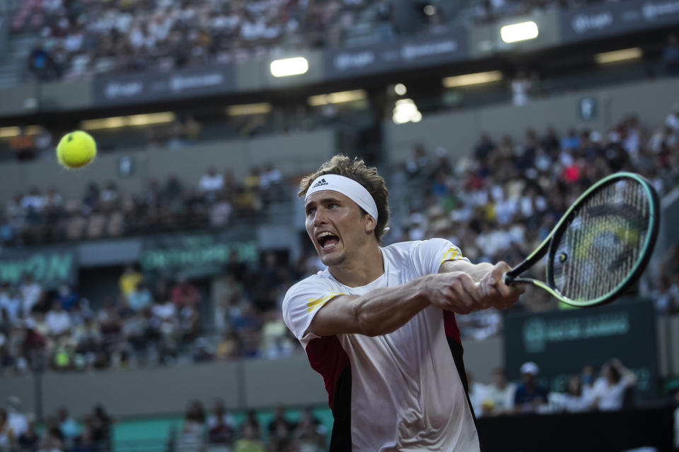 Alexander Zverev of Germany returns the ball to Thiago Monteiro of Brazil during their Davis Cup tennis singles match in Rio de Janeiro, Brazil, Saturday, March 5, 2022. (AP Photo/Bruna Prado)